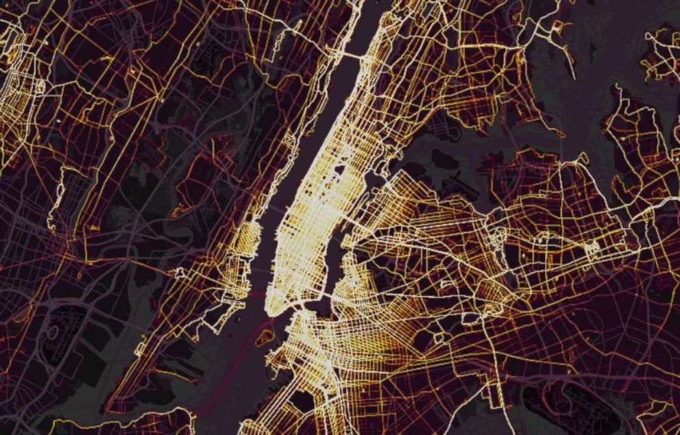 PHOTO: Data released by GPS tracking company Strava in November 2017 shows where the users of fitness devices are around the world, including New York City, as shown in this screenshot.