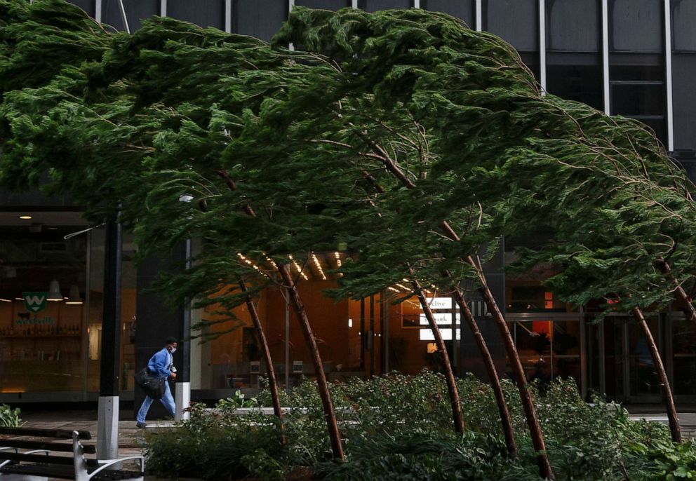 PHOTO: A man walks past trees bending in the wind in lower Manhattan as Tropical Storm Isaias passes through New York City, Aug. 4, 2020.