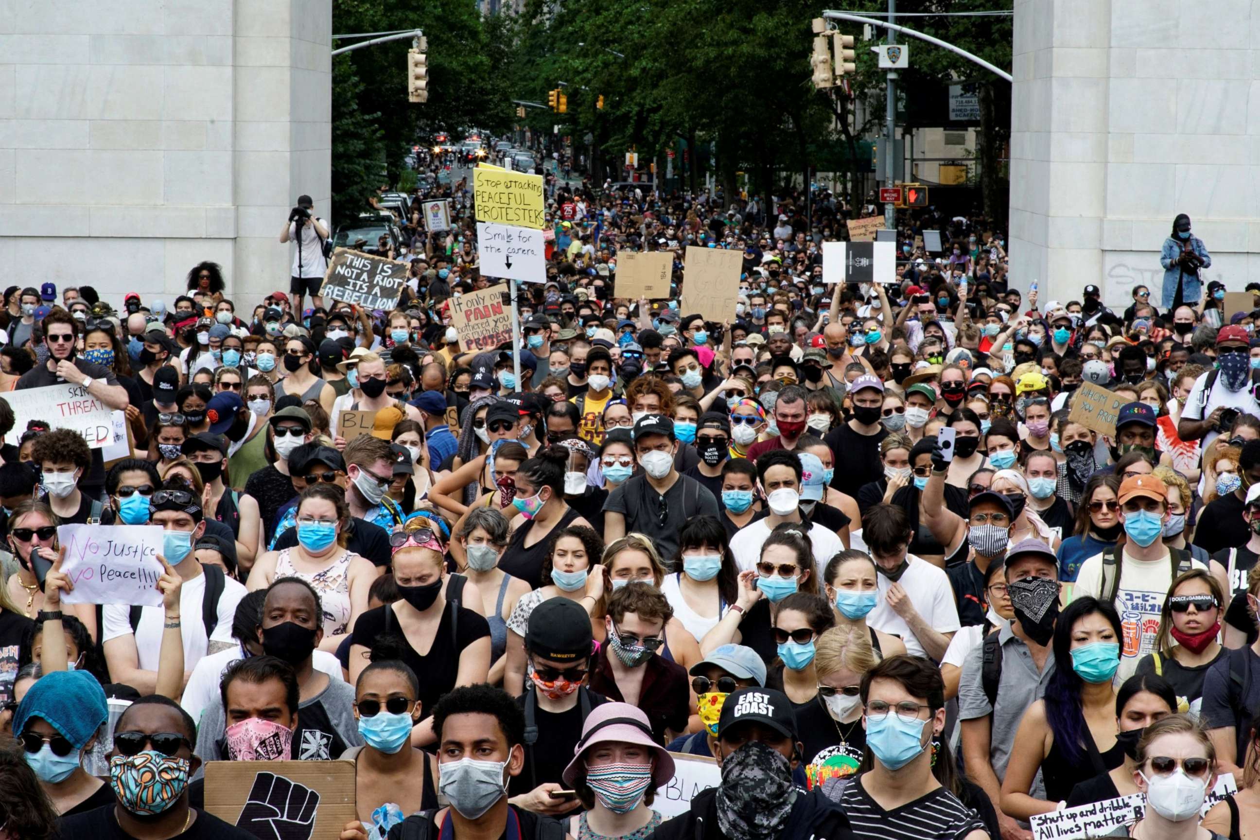 PHOTO: Demonstrators gather at Washington Square Park, during a protest against the death in Minneapolis police custody of George Floyd, in New York City, June 6, 2020.