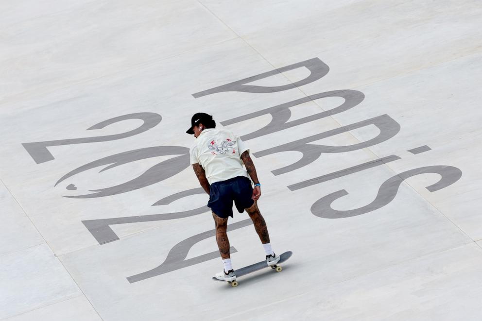 PHOTO: Nyjah Huston of Team United States trains during a Skateboarding Training Session at La Concorde ahead of the Paris 2024 Olympic Games on July 25, 2024 in Paris, France.