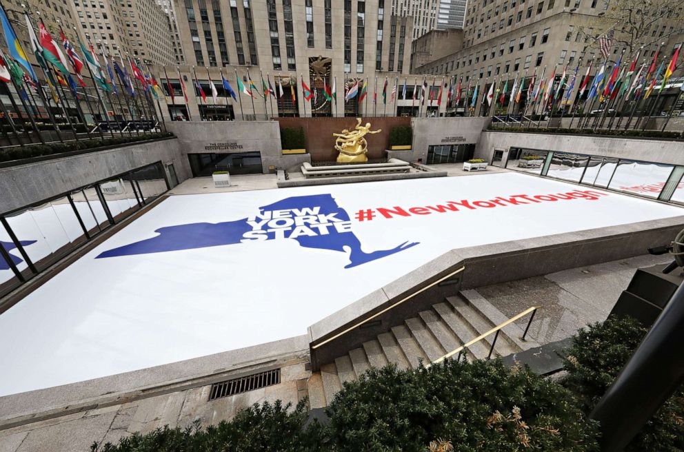 PHOTO: The #NewYorkTough installation by Tishman Speyer in partnership with New York State is on display at The Rink At Rockefeller Center during the coronavirus pandemic on April 20, 2020 in New York City.