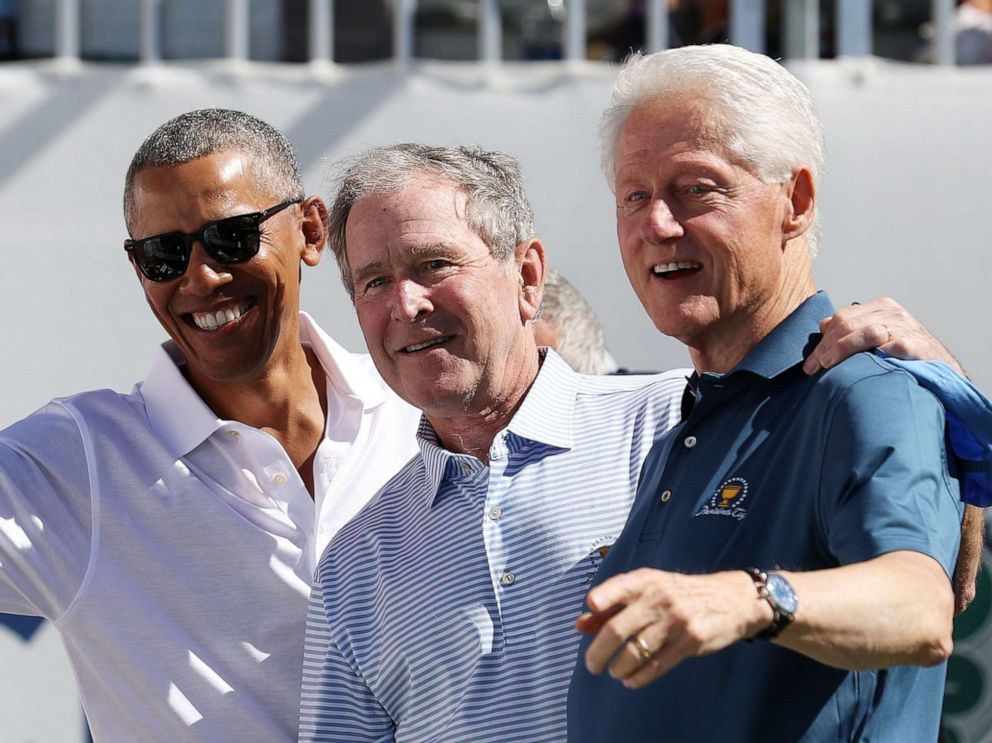 PHOTO: Former Presidents Barack Obama, George W. Bush and Bill Clinton attend the trophy presentation of the Presidents Cup at Liberty National Golf Club on Sept. 28, 2017, in Jersey City, N.J.