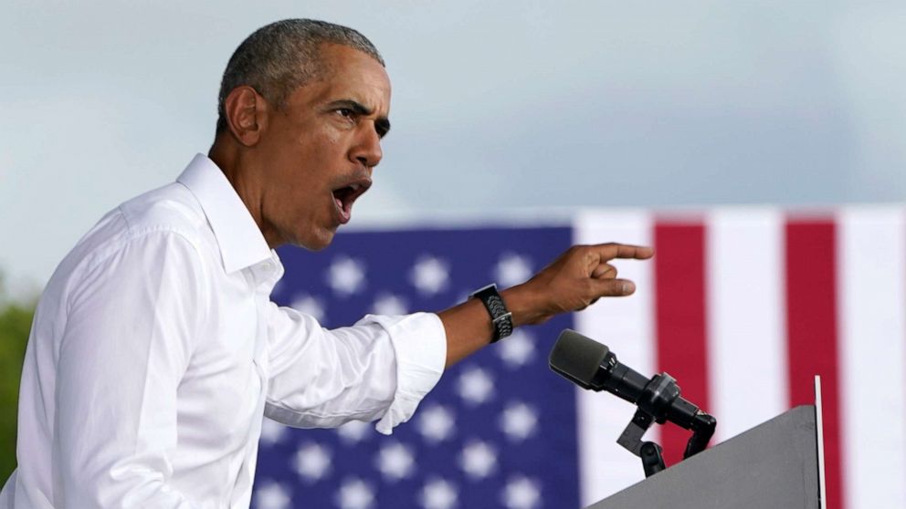 PHOTO: Former President Barack Obama speaks as he campaigns for Democratic presidential candidate former Vice President Joe Biden at Florida International University, Oct. 24, 2020, in North Miami, Fla.