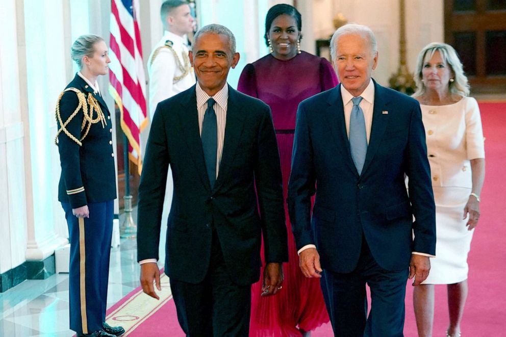 PHOTO: Former President Barack Obama and President Joe Biden arrive for a ceremony to unveil the Obama's official White House portraits, in the East Room of the White House in Washington, DC, on Sept. 7, 2022. 