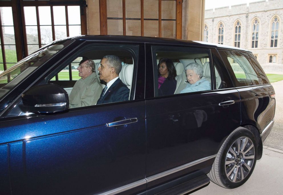 PHOTO: Britain's Prince Philip, Duke of Edinburgh drives former President Barack Obama and former first Lady Michelle Obama, Britain's Queen Elizabeth II from the helicopter into Windsor Castle in Windsor, England on April, 22, 2016.