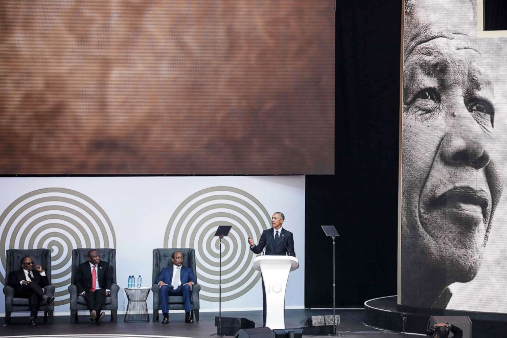 PHOTO: Former President Barack Obama speaks during the 2018 Nelson Mandela Annual Lecture at the Wanderers cricket stadium in Johannesburg, July 17, 2018.