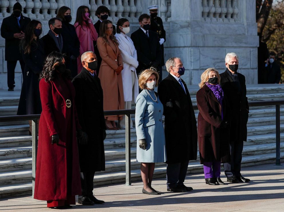 PHOTO: Left to right, former first lady Michelle Obama, former President Barack Obama, former first lady Laura Bush, former President George Bush, former Secretary of State, Hillary Clinton, and former President Bill Clinton.