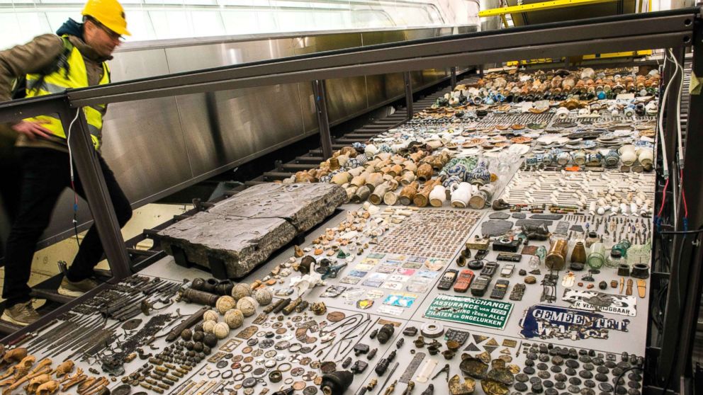 Showcase with 5,000 archaeological finds on display at Rokin Station which will open to the public when the new subway opens on July 22.&nbsp;