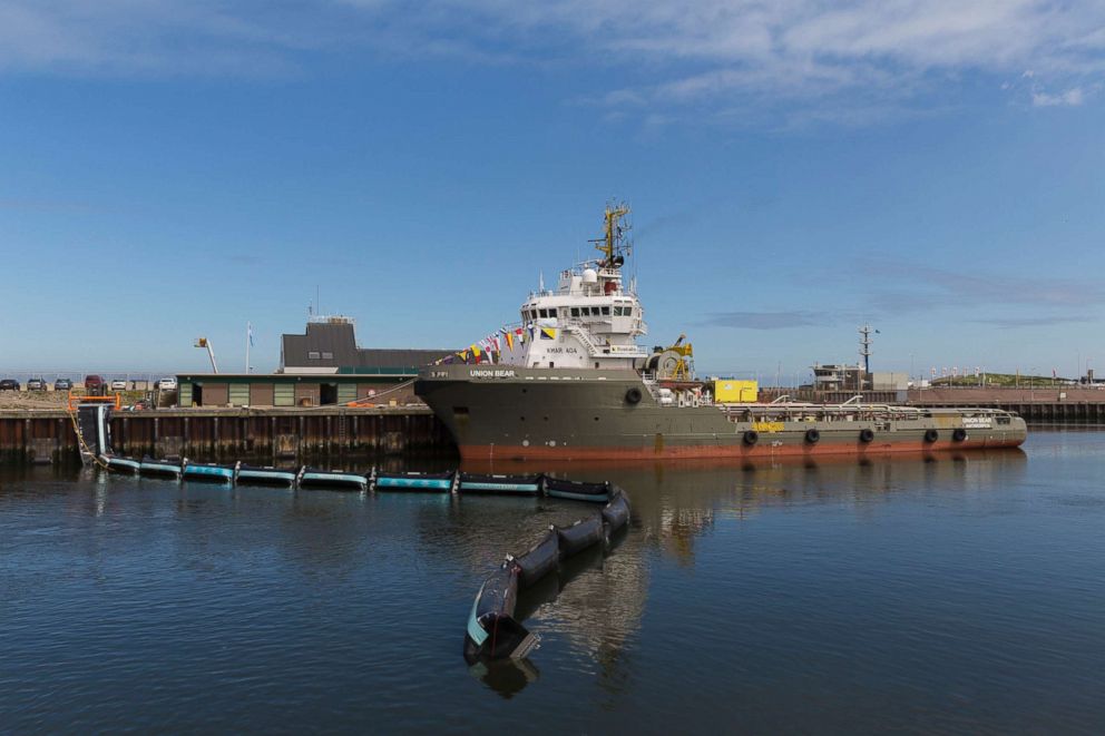 PHOTO: The Ocean Clean Up North Sea Prototype lies in the water after its unveiling to the press on June 22, 2016 in The Hague, Netherlands. 