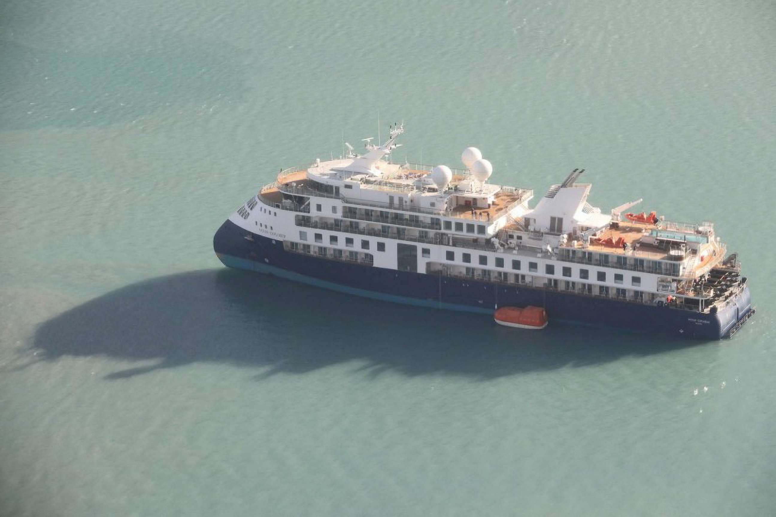 PHOTO: View of the Ocean Explorer, a luxury cruise ship carrying 206 people that ran aground, in Alpefjord, Greenland, Sept. 12, 2023.