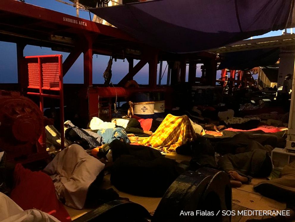 PHOTO: Rescued migrants sleep on the Ocean Viking, operated by SOS Mediterranee and MSF, as they cruise in the Mediterranean Sea, in the early hours of Friday, Aug. 23, 2019.