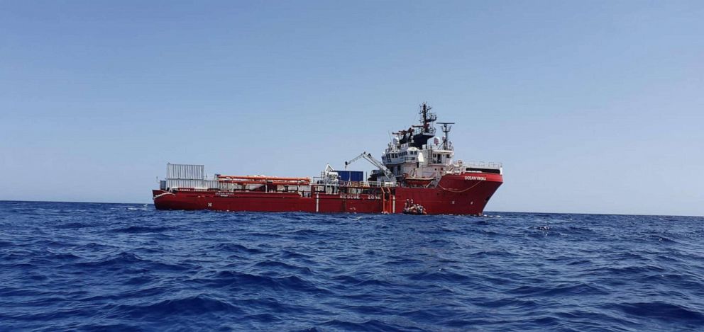 PHOTO: A handout photo made available by the NGO organization Medecins Sans Frontieres (MSF) showing the Ocean Viking vessel at sea on 23 August 2019, after they received permission to land in Malta.