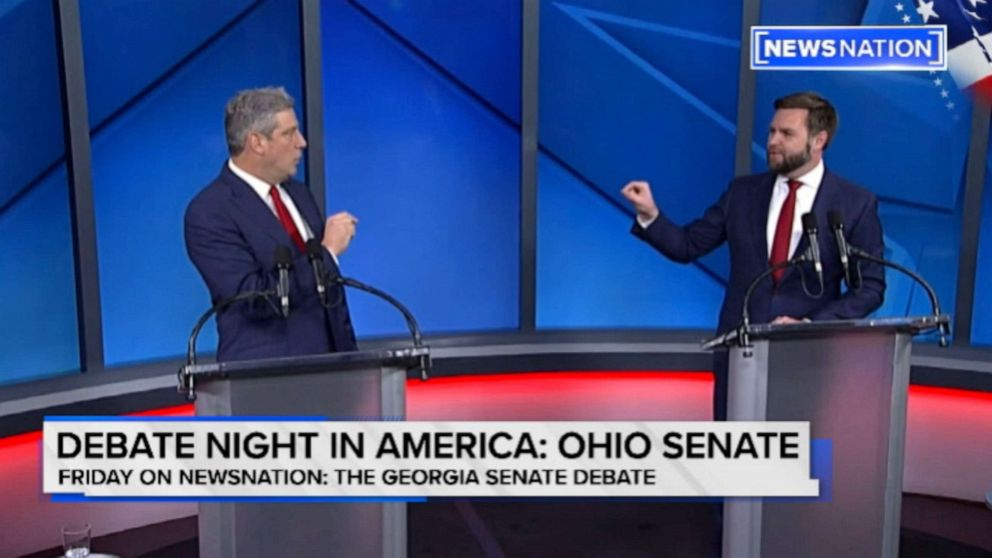 PHOTO: U.S. Senate Democratic candidate Rep. Tim Ryan and Republican candidate J.D. Vance participate in the first Senate debate in Ohio, Oct. 10, 2020.