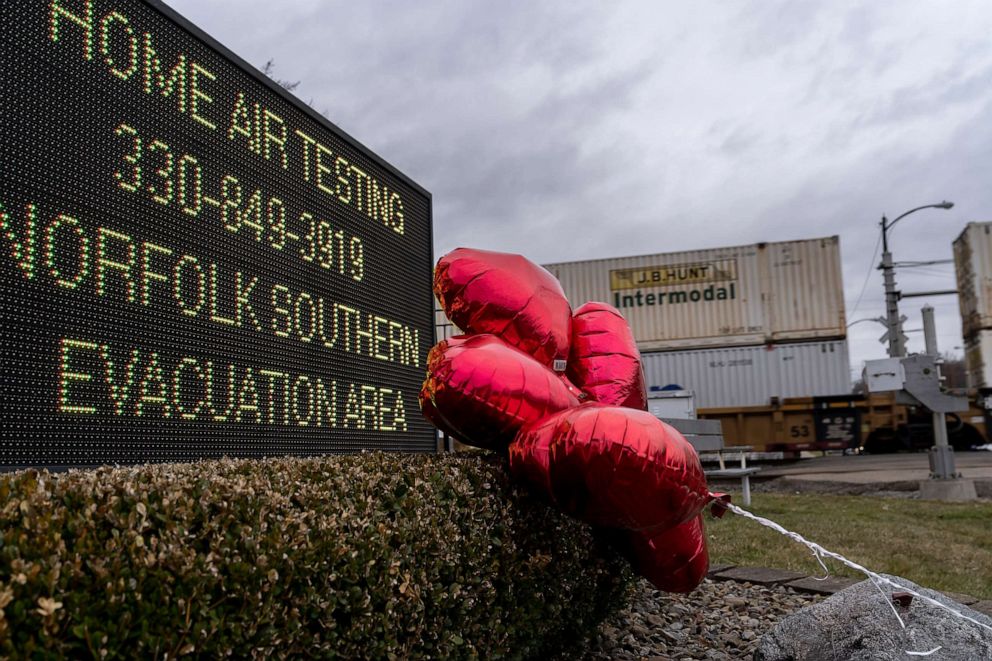 PHOTO: Balloons are placed next to a sign displaying information for residents to receive air-quality tests from Norfolk Southern Railway on Feb. 16, 2023 in East Palestine, Ohio, after a train derailment with an environmental impact.