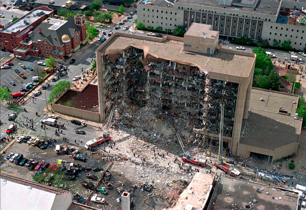 PHOTO: The north side of the Alfred P. Murrah Federal Building in Oklahoma City is pictured after the bombing that killed 168 people and injured hundreds, April 19,1995.