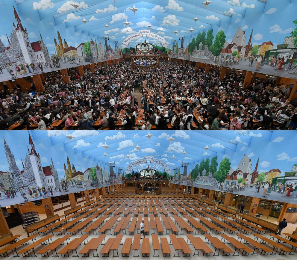 PHOTO: This combination of pictures shows a festival tent of the Oktoberfest beer festival in Munich, southern Germany, on Oct. 3, 2019 (top) and on Sept. 16, 2016 (bottom, as preparations are under way for the festival's opening).