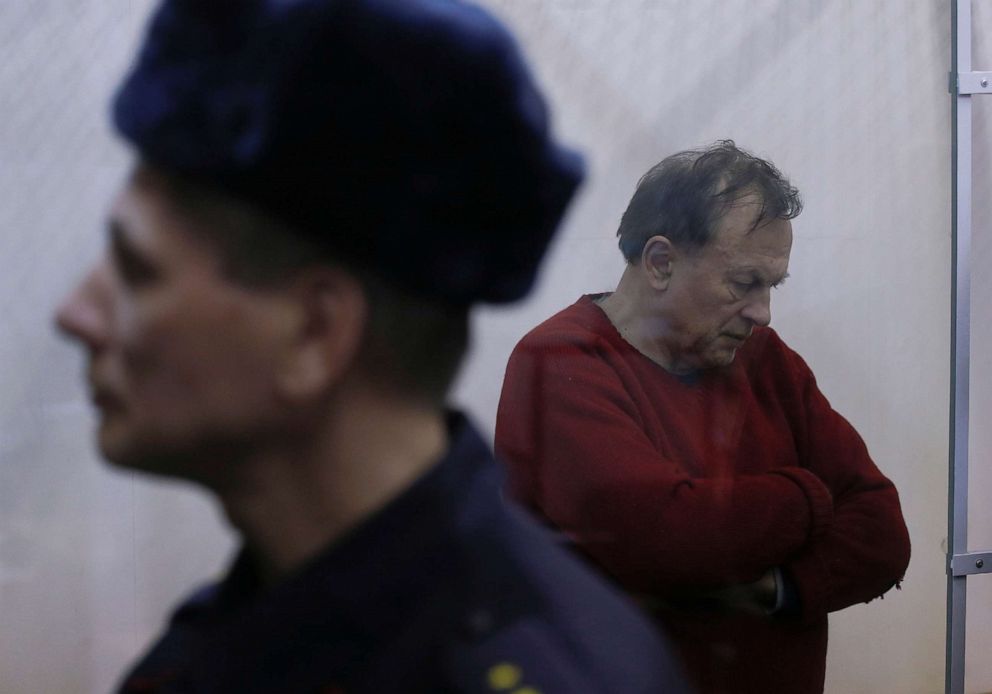PHOTO: Russian historian and professor Oleg Sokolov, who is accused of murdering his girl friend and former student, stands inside a defendants' cage before a court hearing in Saint Petersburg, Russia, Nov. 11, 2019.