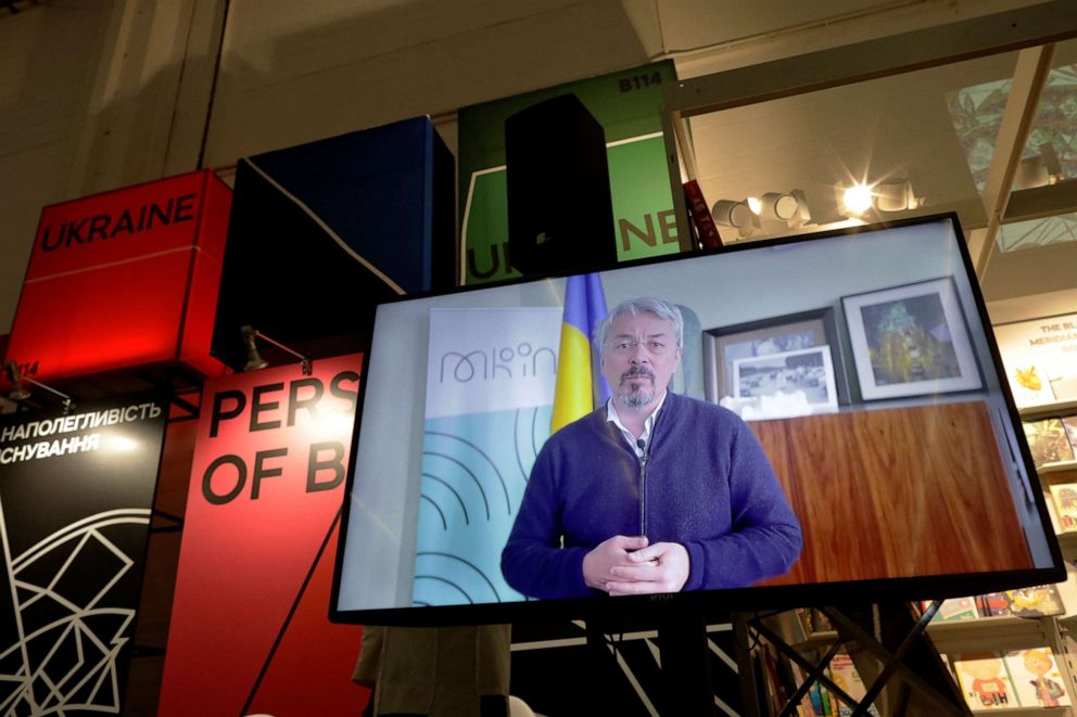 PHOTO: A recorded message of the Ukrainian Minister for Culture and Information Policy Oleksandr Tkachenko is played during the 23rd Frankfurt Book Fair at the Messe fairground in Frankfurt am Main, western Germany, on Oct.19, 2022.