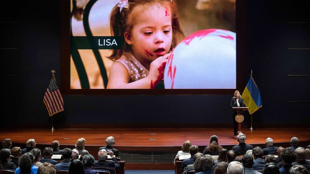PHOTO: Ukrainian First Lady Olena Zelenska speaks to members of the U.S. Congress about Russia's invasion of Ukraine, at the U.S. Capitol Visitors Center Auditorium on July 20, 2022, in Washington, D.C.