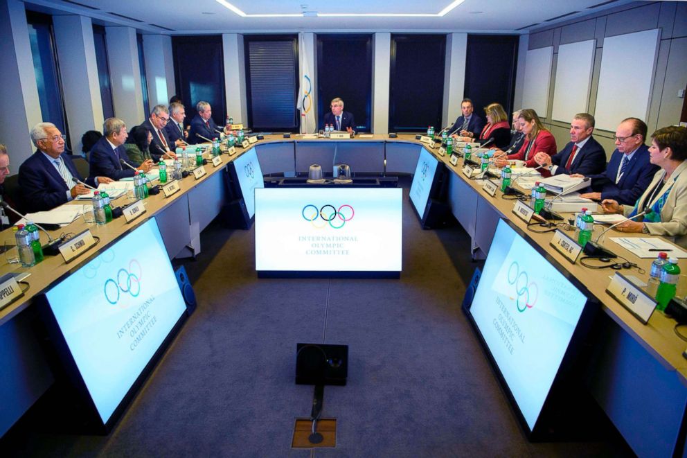 PHOTO: International Olympic Committee (IOC) executive board members on the first day of the executive board meeting of the International Olympic Committee (IOC) at the IOC headquarters, in Pully near Lausanne,  Dec. 5, 2017. 