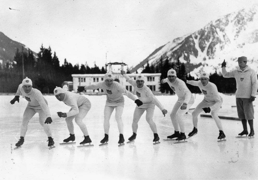 PHOTO: Members of the USA skating team shown on the ice practicing for the 1924 Winter Olympics at Chamonix, France. It was the first Winter Olympics held.