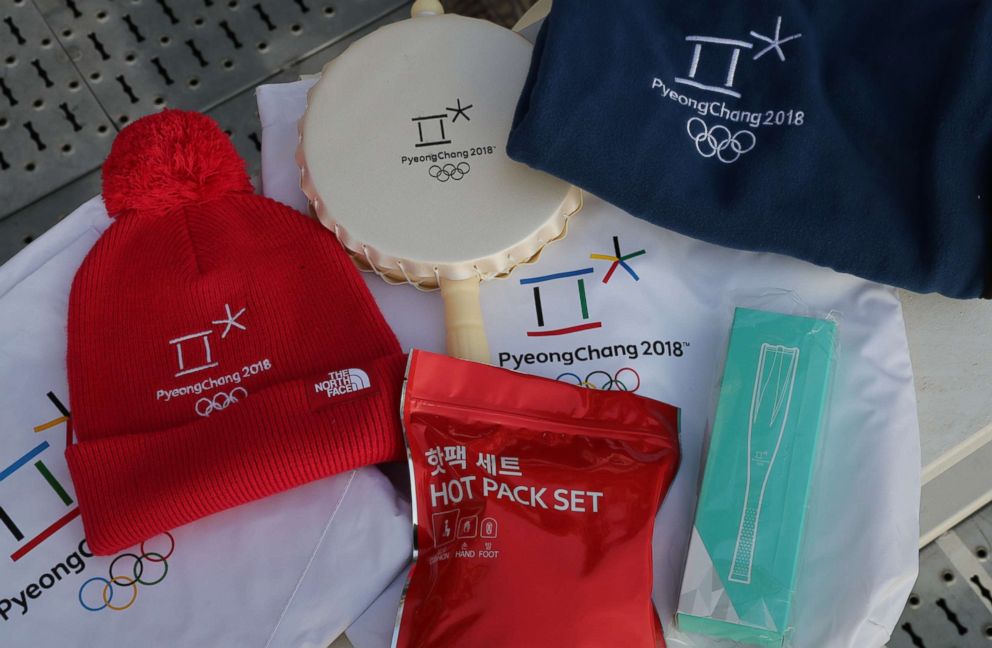 PHOTO: A package consisting of a hand warmer, a heat cushion, a wind cape, a small drum and a cap will be handed out to the audience at the opening ceremony of the Winter Olympics Feb. 9, 2018.