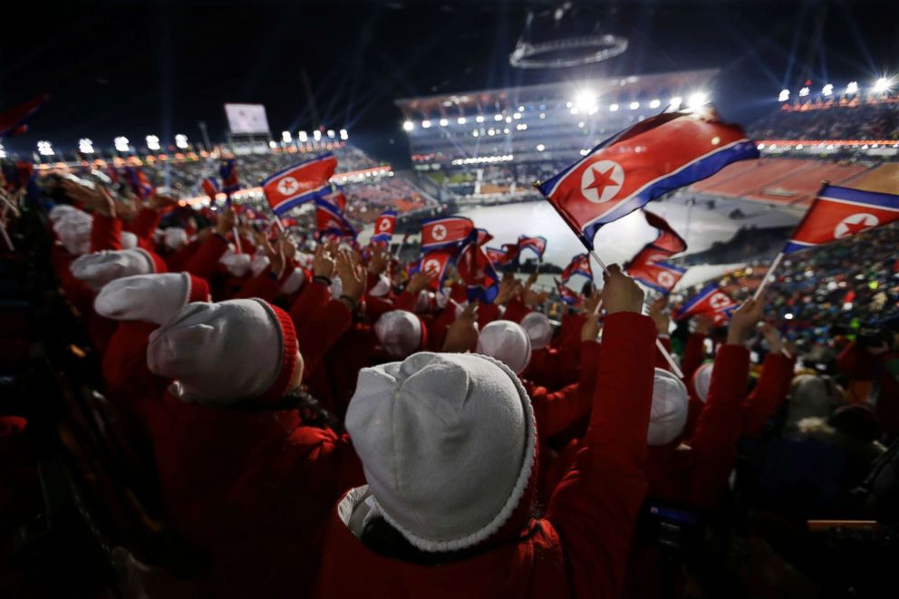 PHOTO: Members of the North Korean delegation wave flags as they wait for the Opening ceremonies to begin for the 2018 Winter Olympics in Pyeongchang, South Korea, Feb. 9, 2018.