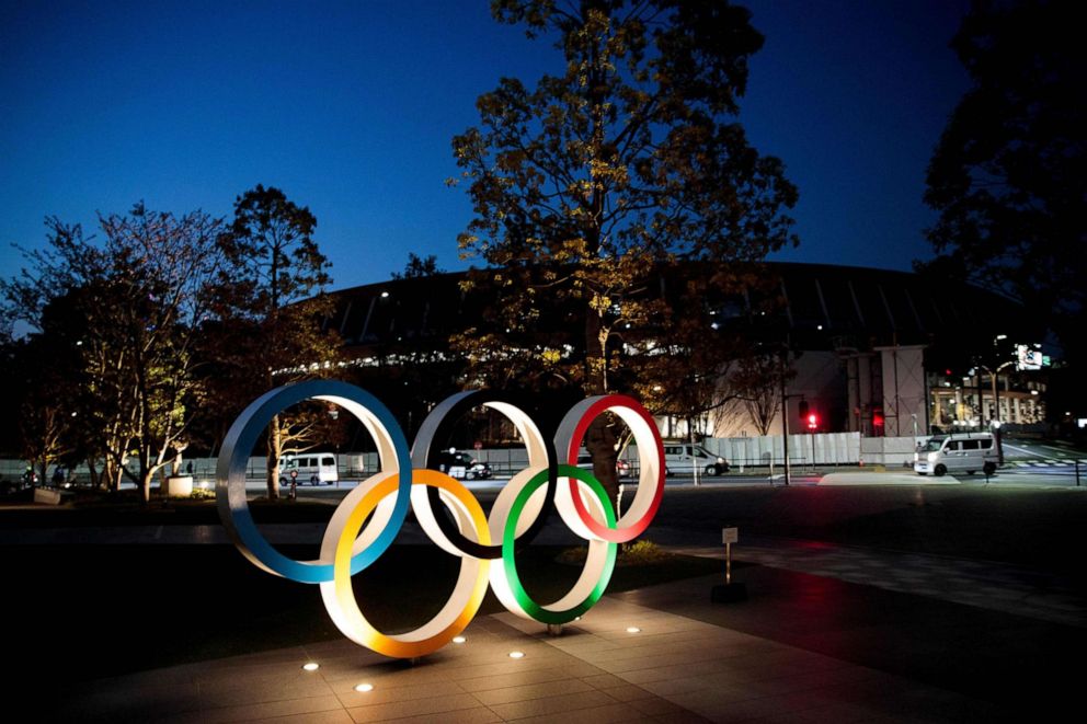 PHOTO: This picture shows the Olympic rings displayed outside the National Stadium, a venue for the Tokyo Games, in Tokyo, Japan, on April 7, 2020. The Tokyo 2020 Olympic and Paralympic Games have been postponed until 2021 due to the coronavirus pandemic.