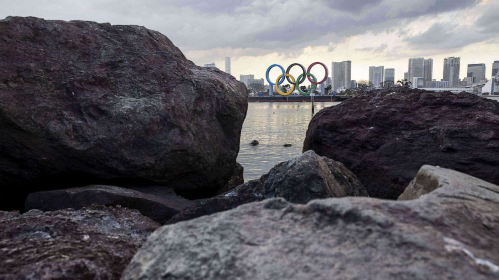PHOTO: The Olympic rings are seen on display at the Odaiba waterfront in Tokyo, Japan, on Feb. 2, 2021.