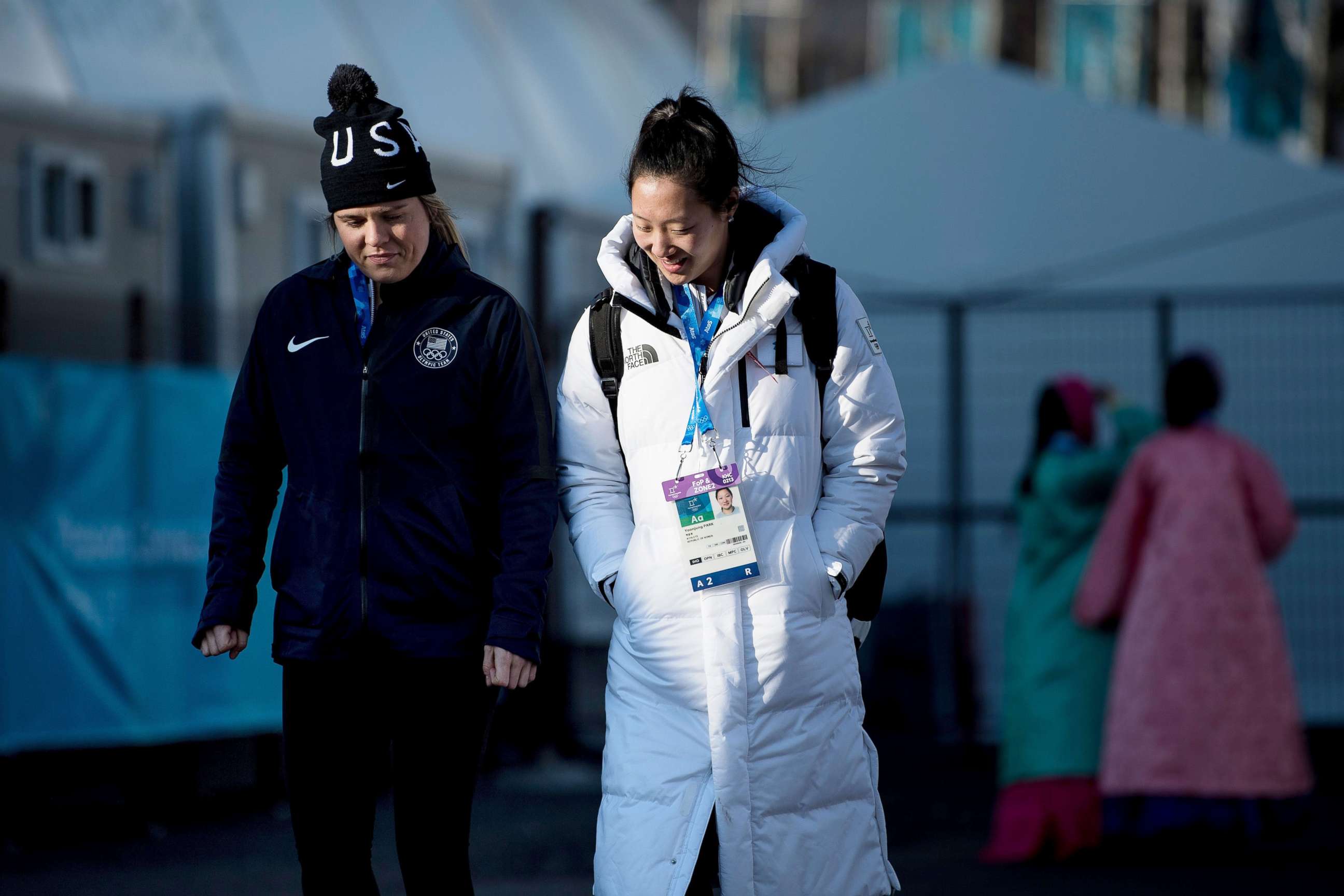 PHOTO: Hannah Brandt walks with her sister Marissa Brandt at the Gangneung Olympic Village before the Pyeongchang 2018 Winter Olympic Games, Feb. 6, 2018, in Gangneung, South Korea.