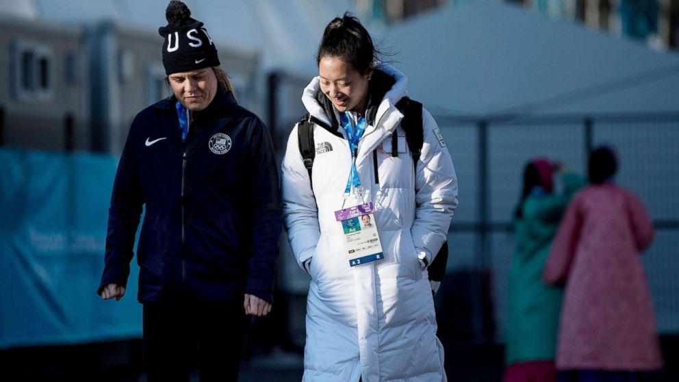 PHOTO: Hannah Brandt walks with her sister Marissa Brandt at the Gangneung Olympic Village before the Pyeongchang 2018 Winter Olympic Games, Feb. 6, 2018, in Gangneung, South Korea.