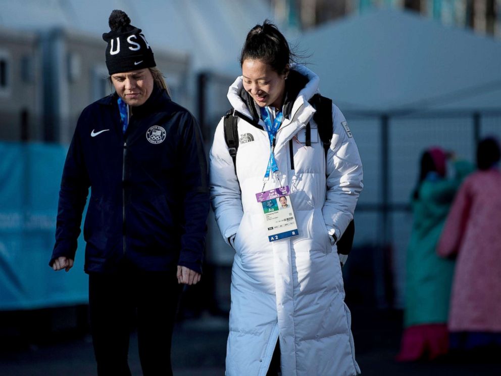 PHOTO: Hannah Brandt walks with her sister Marissa Brandt at the Gangneung Olympic Village before the Pyeongchang 2018 Winter Olympic Games, Feb. 6, 2018, in Gangneung, South Korea.