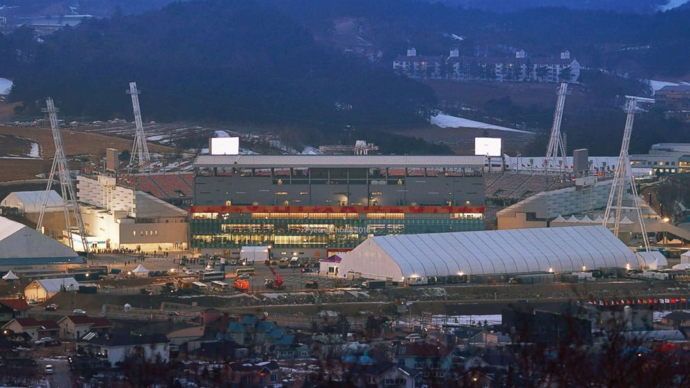 PHOTO: Final preparations are under way at the Pyeongchang Olympic Stadium in South Korea on Feb. 8, 2018, a day before the opening ceremony of the Winter Olympics.