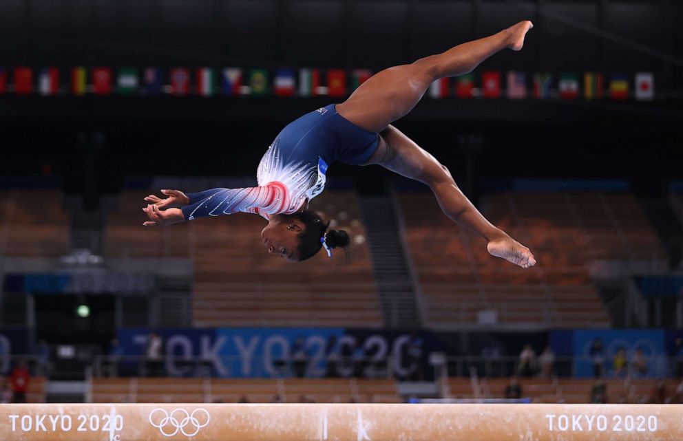 PHOTO: Simone Biles is seen on the balance beam on Aug. 3, 2021, in Tokyo.