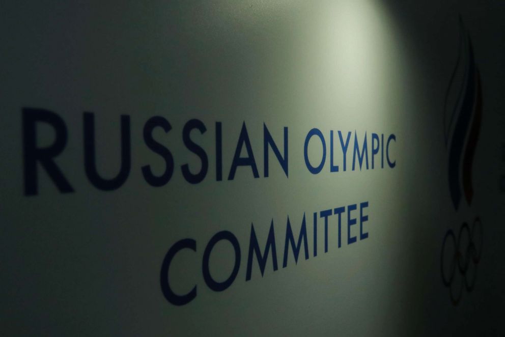 PHOTO: A sign displaying the logo of Russian Olympic Committee (ROC) is seen at the committee's headquarters in Moscow, Dec. 12, 2017. 