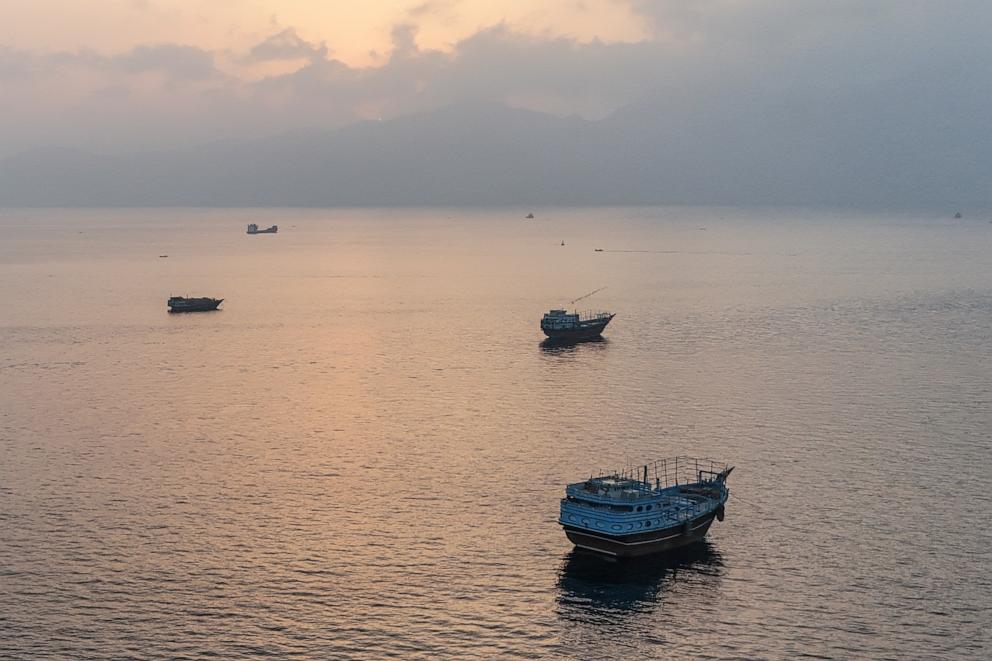 PHOTO: This aerial photograph shows boats anchored off Oman's northern Musandam Peninsula near the Strait of Hormuz on June 27, 2026. 