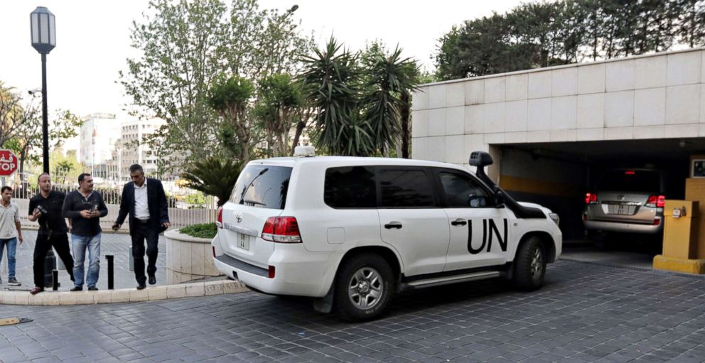 PHOTO: UN vehicles carrying the Fact-Finding Mission (FFM) team of the Organization for the Prohibition of Chemical Weapons (OPCW) arrive at the Four Seasons hotel in Damascus, Syria, April, 14, 2018. 