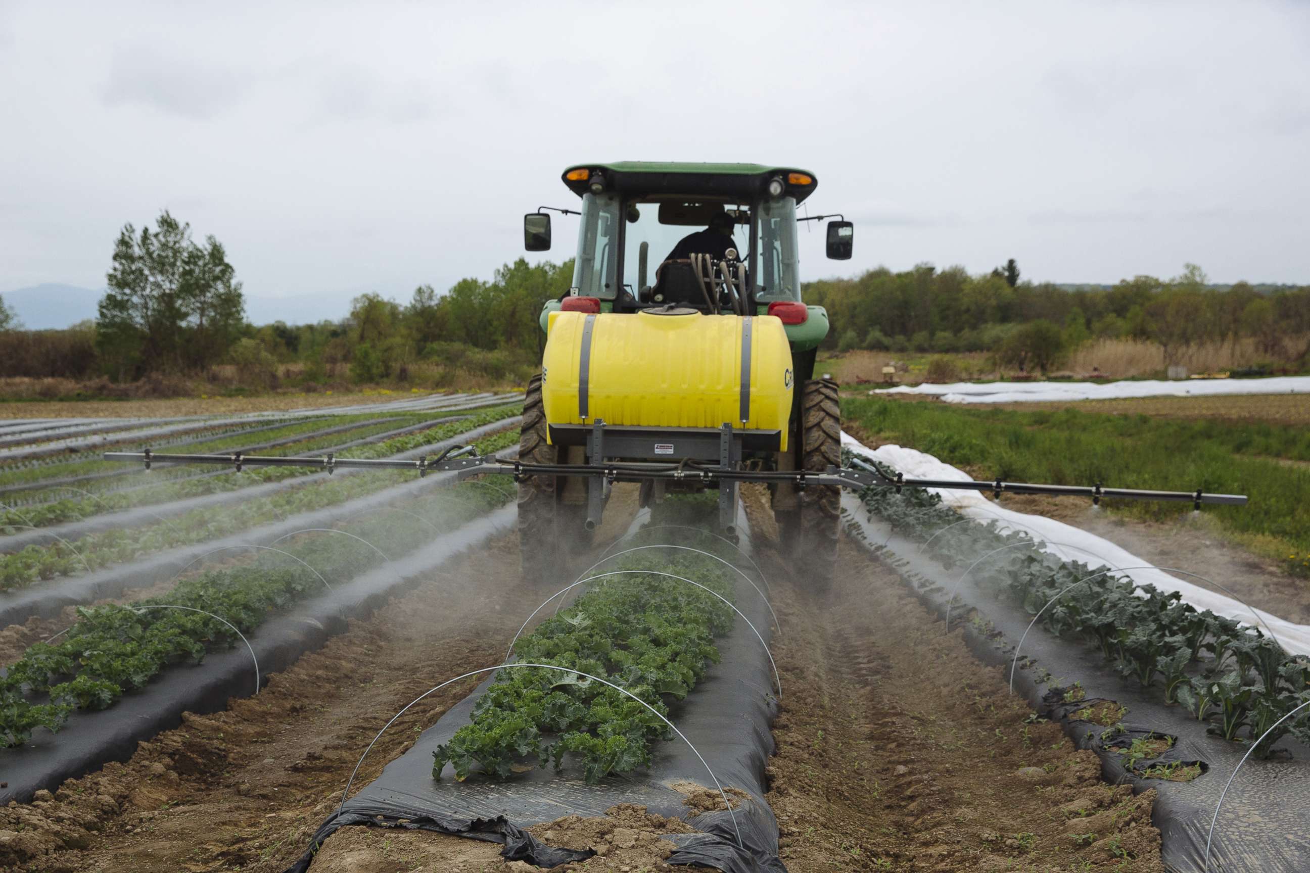 PHOTO: A worker rides a tractor while spraying organic pesticide on crops at a farm in Hudson, N.Y., May 18, 2020. 