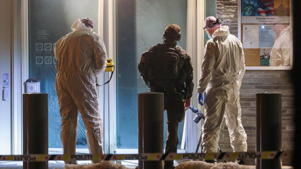 PHOTO: Police officers and technicians inspect the American embassy after a loud bang was reported at the site, in Oslo, Norway, March 8, 2026.