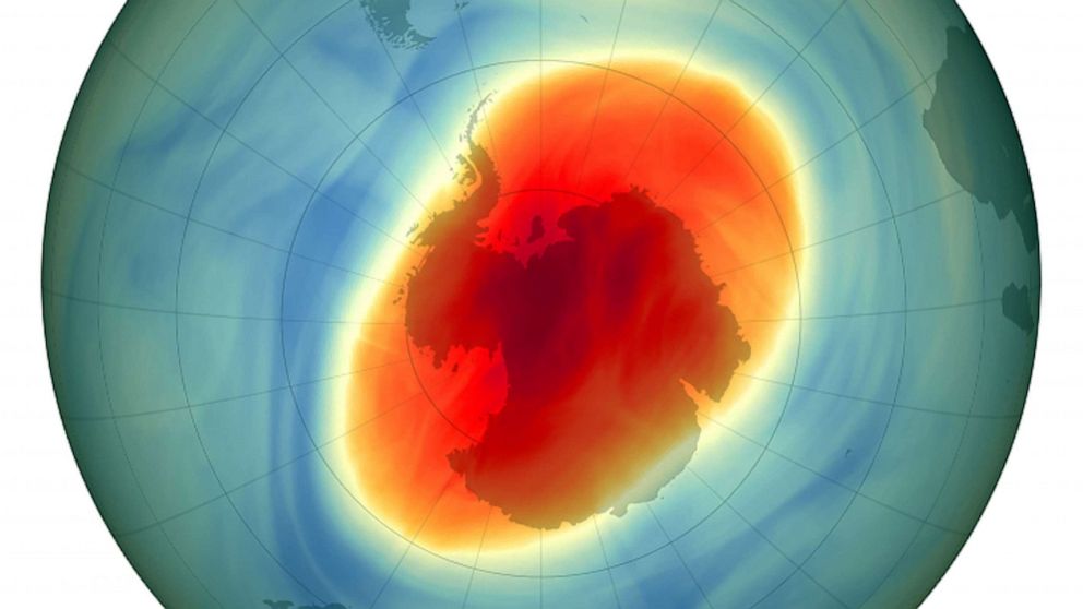 PHOTO: This map shows the size and shape of the ozone hole over the South Pole on Oct. 5, 2022, when it reached its single-day maximum extent for the year.