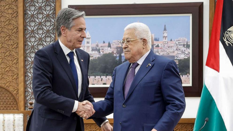 PHOTO: U.S. Secretary of State Antony Blinken meets with Palestinian President Mahmoud Abbas amid the ongoing conflict between Israel and the Palestinian Islamist group Hamas, at the Muqata in Ramallah in the Israeli-occupied West Bank, Nov. 5, 2023.