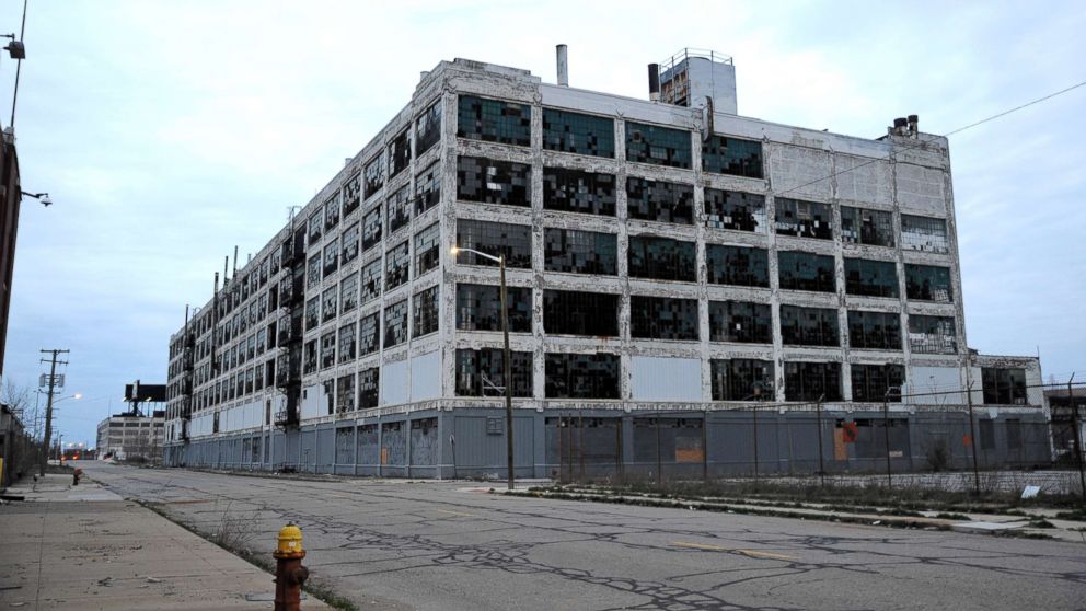 The abandoned Packard auto assembly plant stands in Detroit, April 13, 2017.