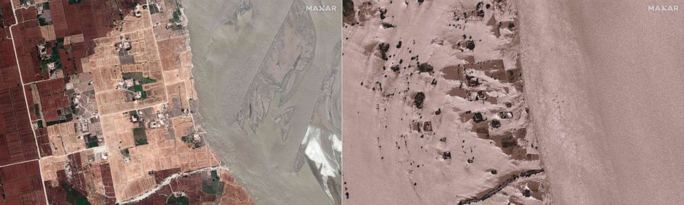 PHOTO: This combination of handout satellite pictures shows an overview of homes and fields in Rojhan, Pakistan, on March 24, 2022 (L), and homes and fields in Rojhan, Pakistan, during flooding on Aug. 28, 2022.