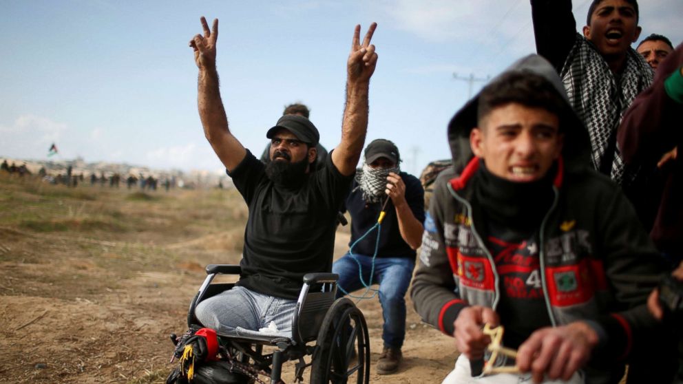 PHOTO: Wheelchair-bound Palestinian Ibraheem Abu Thuraya, who was later killed during the clash, protests against President Donald Trump's decision to recognize Jerusalem as the capital of Israel, near the east of Gaza City Dec. 15, 2017. 