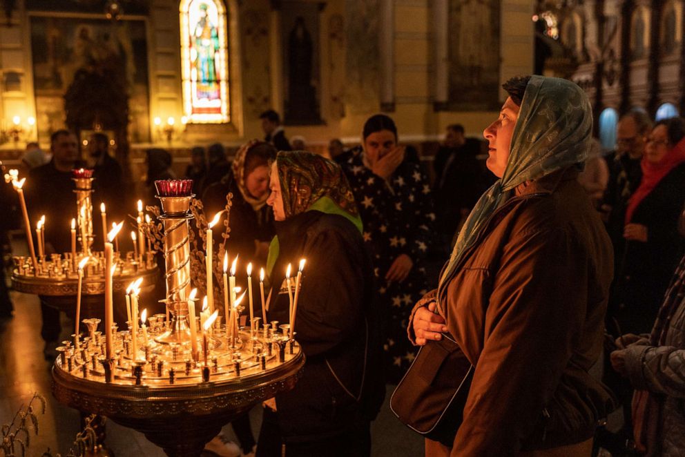 PHOTO: People attend a Palm Sunday church service at a church on April 17, 2022 in Kharkiv, Ukraine.