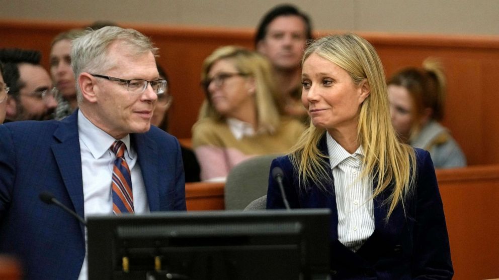 PHOTO: Gwyneth Paltrow and attorney Steve Owens react as the verdict is read in her civil trial over a collision with another skier on March 30, 2023, in Park City, Utah.