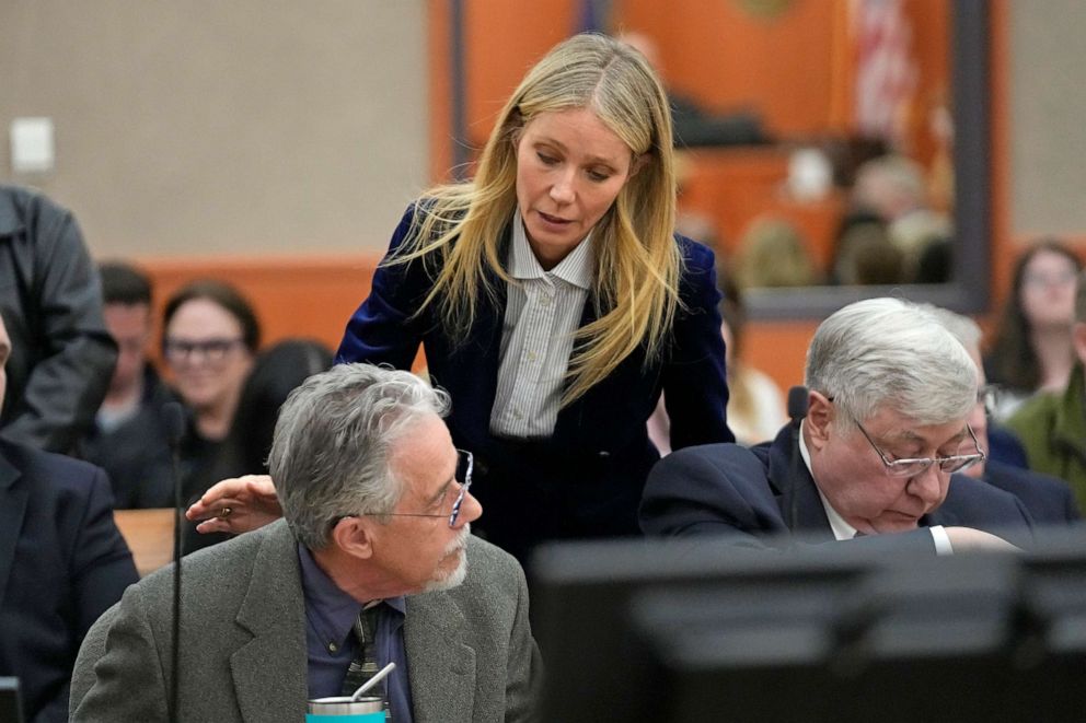 PHOTO: Gwyneth Paltrow speaks with retired optometrist Terry Sanderson after the verdict was read in his $300,000 suit against her over a skiing accident on March 30, 2023, in Park City, Utah.