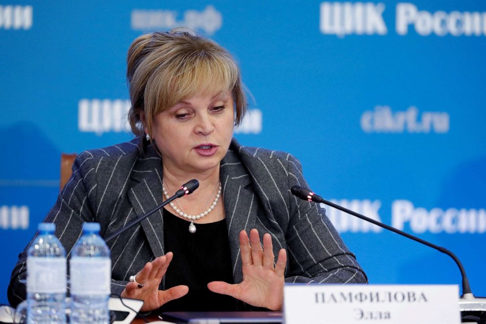 PHOTO: Ella Pamfilova, head of the Central Election Commission, addresses the media after poll close in the Russian parliamentary election, at the commission's headquarters in Moscow, Sept. 19, 2021.