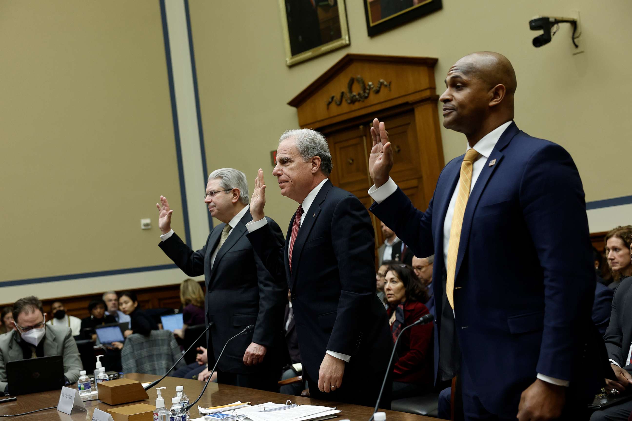 Comptroller General Gene Dodaro,Chair of the Pandemic Response Accountability Committee Michael Horowitz,and David Smith,assistant director of the Secret Service's Office of Investigations,appear at a House Oversight and Reform Committee hearing.