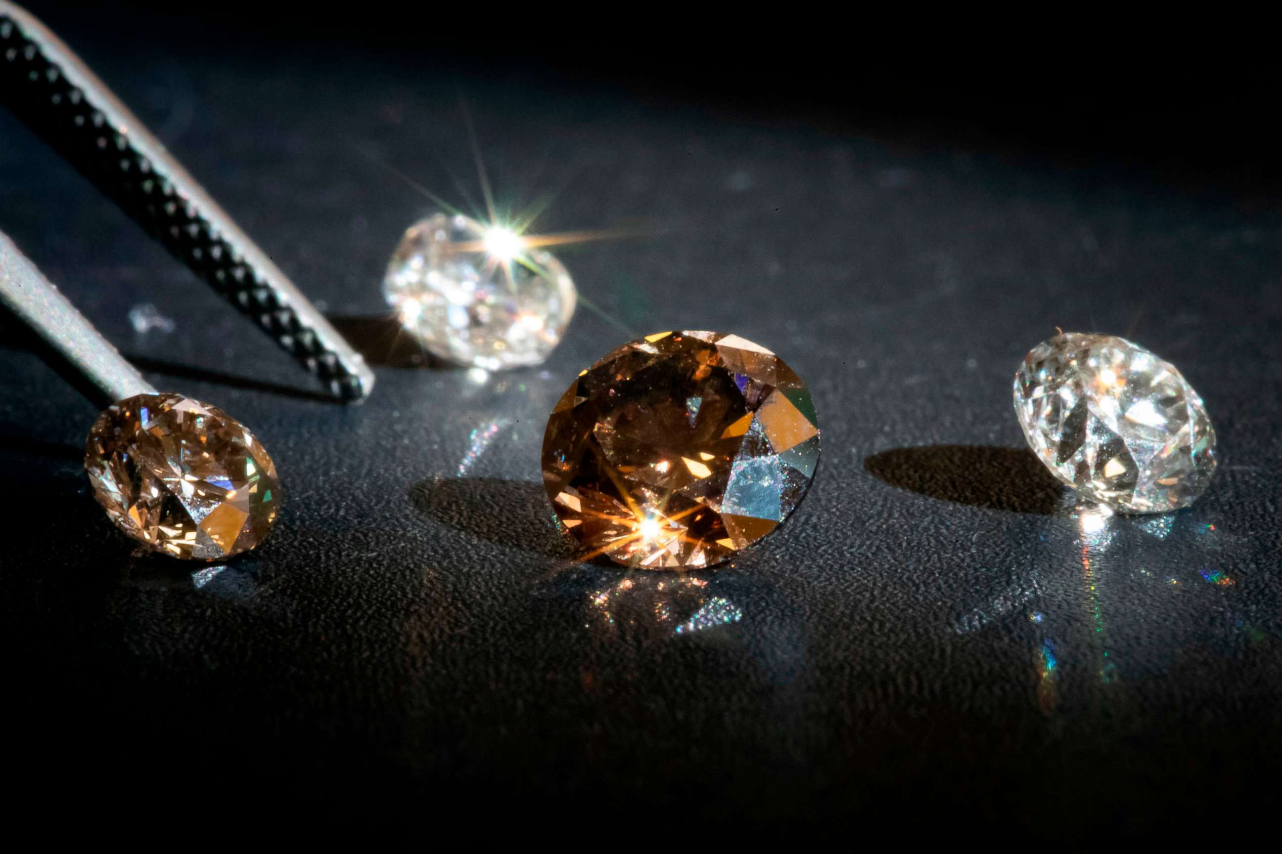 PHOTO: Lab-grown diamonds are displayed the headquarters of the Diam-Concept company in Paris, Sept. 23, 2019.